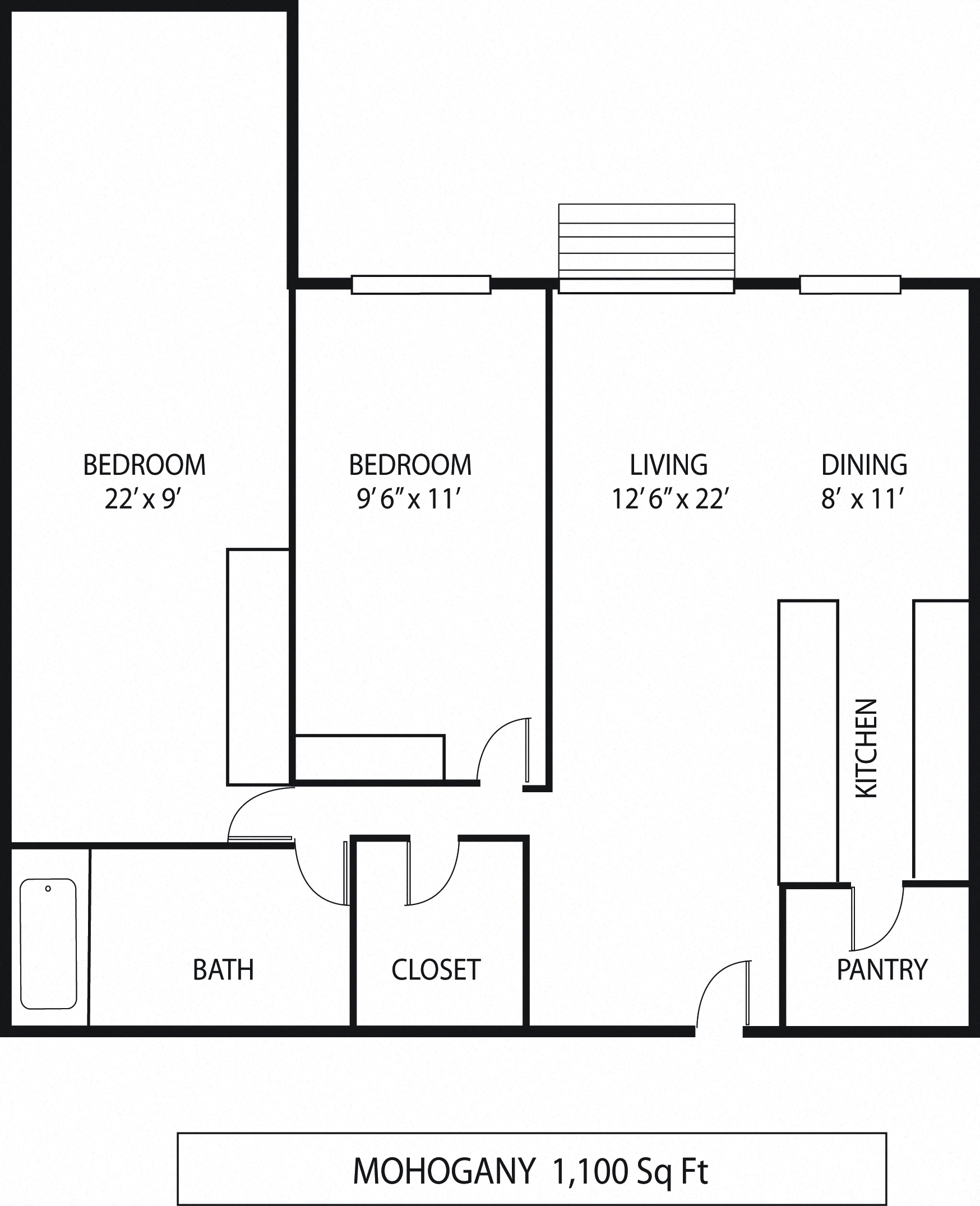 Floor plan for 2 beds, 1 bath, 1100 sqft